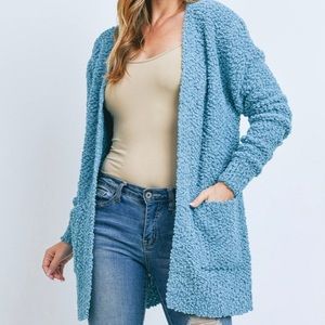 Dusty Teal Popcorn Sweater Cardigan
